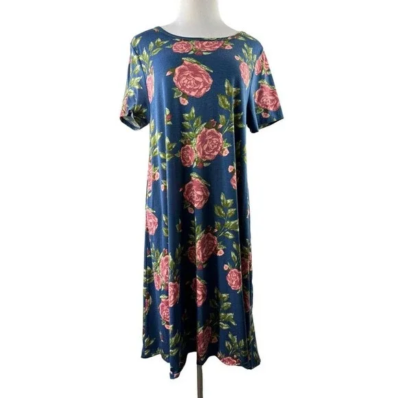 Lularoe Carly Dress Hi-Lo Short Sleeve Floral Blue Pink & Green Plus Size 3XL - Picture 1 of 3